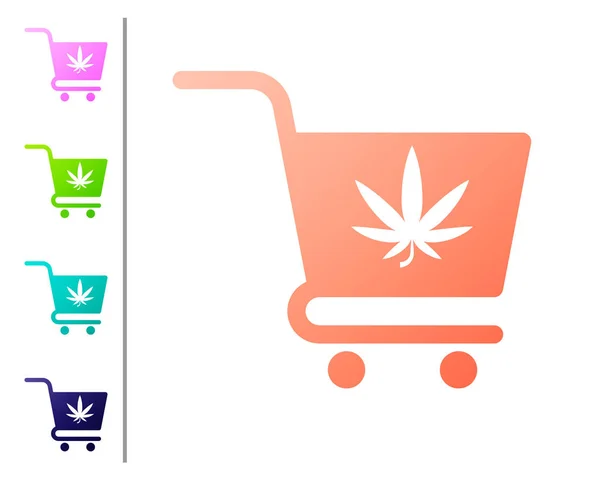 Vozík s Coral, s ikonou marihuany nebo Cannabis Leaf, izolovaný na bílém pozadí. Nákupy online. Doručovací služba. Košík supermarketů. Nastavte barevné ikony. Vektorová ilustrace — Stockový vektor