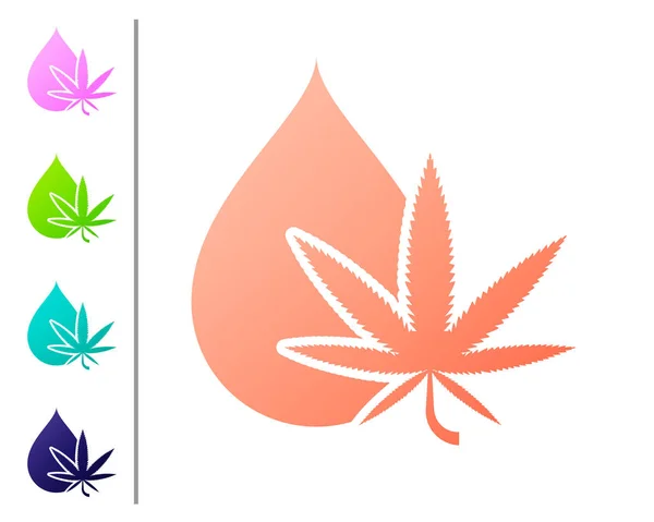 Coral Medical marijuana or cannabis leaf olive oil drop icon isolated on white background. Cannabis extract. Hemp symbol. Set color icons. Vector Illustration — Stock Vector