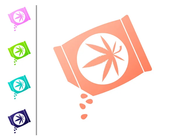 Korall marijuana eller cannabis frön i en påse ikon isolerad på vit bakgrund. Hampa symbol. Processen att plantera marijuana. Ange färg ikoner. Vektor illustration — Stock vektor