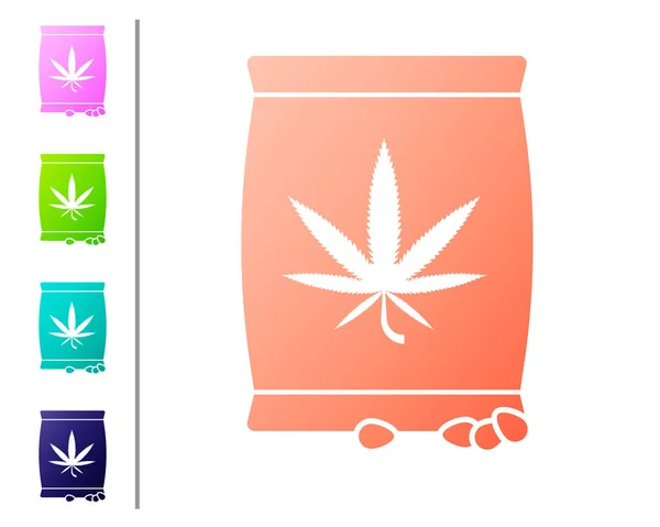 Κοραλλιογενείς σπόροι μαριχουάνας ή κάνναβης σε ένα εικονίδιο τσάντας που απομονώνεται σε λευκό φόντο. Το σύμβολο της κάνναβης. Η διαδικασία φύτευσης μαριχουάνας. Ορίστε εικονίδια χρωμάτων. Απεικόνιση διανυσματικών φορέων — Διανυσματικό Αρχείο