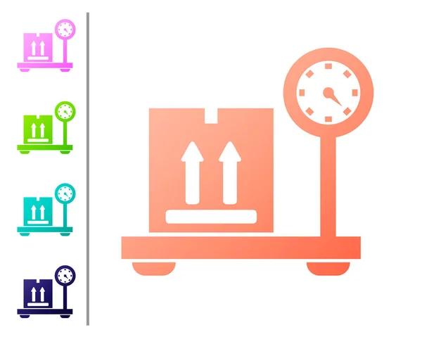 Korallenwaage mit Pappschachtel-Symbol auf weißem Hintergrund. Logistik und Lieferung. Gewicht der Lieferung Paket auf einer Waage. Farbsymbole setzen. Vektorillustration — Stockvektor