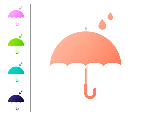 Коралловый зонт и капли дождя выделяются на белом фоне. Водонепроницаемый значок. Защита, безопасность, концепция безопасности. Водонепроницаемый символ. Задайте цвет. Векторная миграция — стоковый вектор