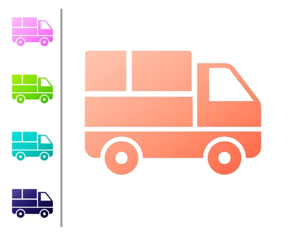 Κοράλλια παράδοση φορτηγό με χαρτοκιβώτια πίσω από το εικονίδιο απομονωθεί σε λευκό φόντο. Ορίστε εικονίδια χρωμάτων. Απεικόνιση διανυσματικών φορέων — Διανυσματικό Αρχείο
