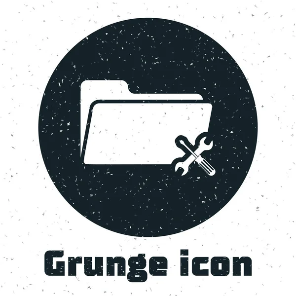 Grunge mappa csavarhúzóval és Csavarkulcs ikon izolált fehér háttér. Beállítása, szerviz, beállítás, karbantartás, javítás, rögzítés. Vektoros illusztráció — Stock Vector