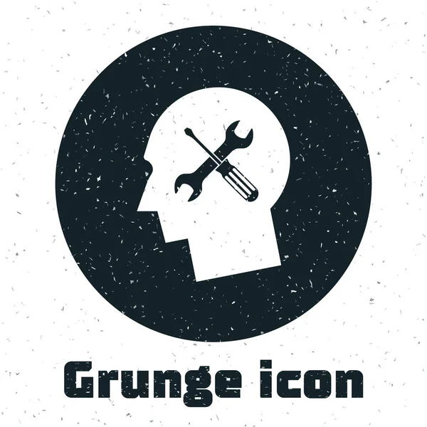 Grunge menselijk hoofd met met schroevendraaier en moersleutel pictogram geïsoleerd op witte achtergrond. Kunstmatige intelligentie. Symbool werk van de hersenen. Vector illustratie — Stockvector