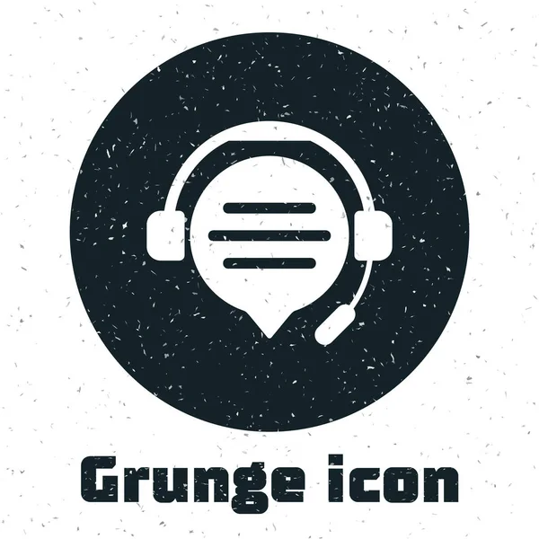Grunge Headphones com ícone de bate-papo de bolha de fala isolado no fundo branco. Suporte de atendimento ao cliente, hotline, call center, faq, manutenção. Ilustração vetorial — Vetor de Stock