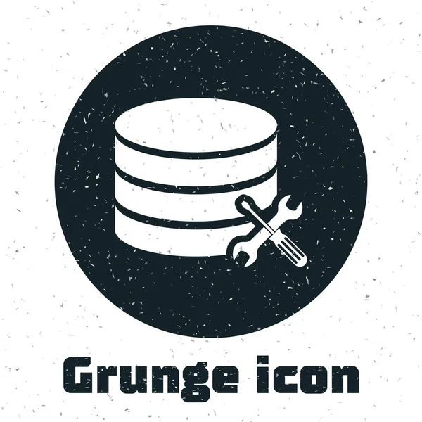 Grunge Serveur de base de données avec tournevis et icône clé isolée sur fond blanc. Réglage, entretien, réglage, entretien, réparation, fixation. Illustration vectorielle — Image vectorielle