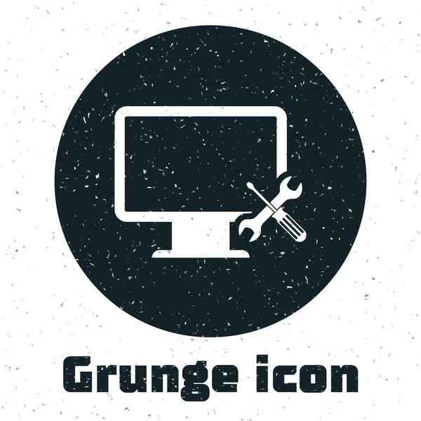 Grunge Monitor de computador com chave de fenda e ícone de chave de fenda isolado no fundo branco. Ajuste, serviço, configuração, manutenção, reparação, fixação. Ilustração vetorial — Vetor de Stock