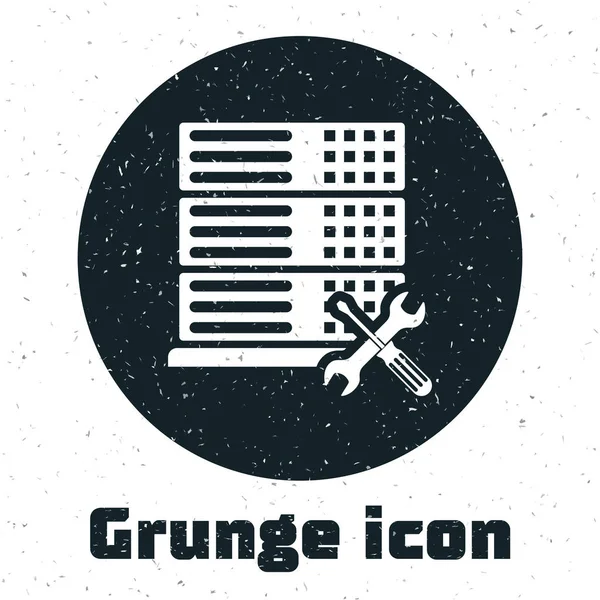 Servidor Grunge Database con destornillador e icono de llave inglesa aislado sobre fondo blanco. Ajuste, servicio, ajuste, mantenimiento, reparación, fijación. Ilustración vectorial — Vector de stock