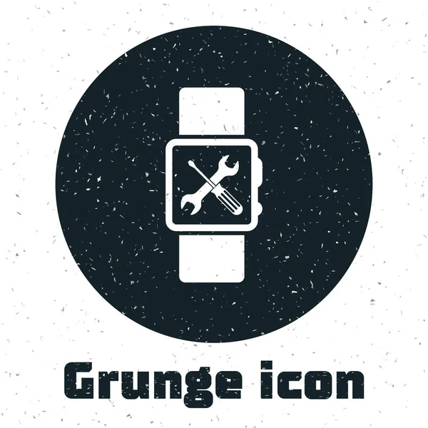 Grunge Smartwatch com chave de fenda e ícone de chave isolada no fundo branco. Ajuste, serviço, configuração, manutenção, reparação, fixação. Ilustração vetorial — Vetor de Stock