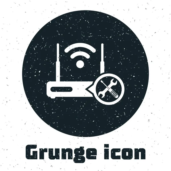 Grunge Router wi-fi mit Schraubendreher und Schraubenschlüssel-Symbol isoliert auf weißem Hintergrund. Anpassung, Service, Einstellung, Wartung, Reparatur, Reparatur. Vektorillustration — Stockvektor