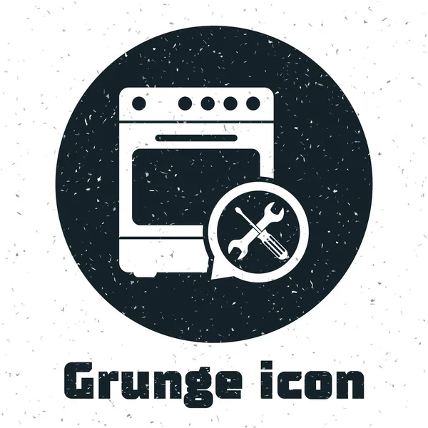 Grunge Oven with screwdriver and wrench icon isolated on white background. Adjusting, service, setting, maintenance, repair, fixing. Vector Illustration — Stock Vector