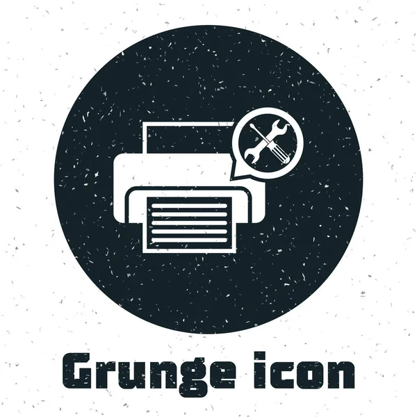 Impresora Grunge con destornillador e icono de llave inglesa aislado sobre fondo blanco. Ajuste, servicio, ajuste, mantenimiento, reparación, fijación. Ilustración vectorial — Vector de stock