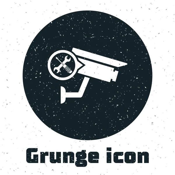 Grunge 安全摄像头与螺丝刀和扳手图标隔离在白色背景上。调整、维修、设置、维护、修理、修理。矢量插图 — 图库矢量图片