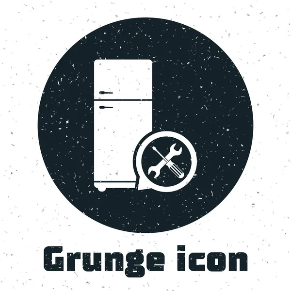 Grunge Refrigerator with screwdriver and wrench icon isolated on white background. Adjusting, service, setting, maintenance, repair, fixing. Vector Illustration — Stock Vector