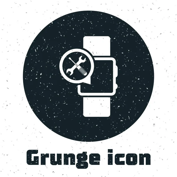 Grunge-Smartwatch mit Schraubenzieher und Schraubenschlüssel-Symbol isoliert auf weißem Hintergrund. Anpassung, Service, Einstellung, Wartung, Reparatur, Reparatur. Vektorillustration — Stockvektor