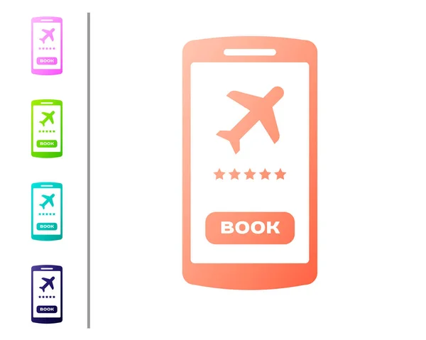 Korallen-Smartphone mit elektronischer Bordkarte Airline-Ticket-Symbol isoliert auf weißem Hintergrund. Handyticket für das Passagierflugzeug für Web und App. Farbsymbole setzen. Vektorillustration — Stockvektor
