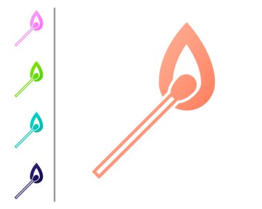 Beyaz arka planda izole edilmiş ateş ikonu ile mercan yakma kibriti. Ateşle maç. Kibrit işareti. Renk simgelerini ayarla. Vektör İllüstrasyonu