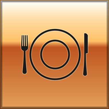 Siyah Plaka, çatal ve bıçak simgesi altın arka plan üzerinde izole. Çatal bıçak takımı sembolü. Restoran tabelası. Vektör İllüstrasyonu