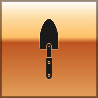 Siyah Bahçe mala maça veya kürek simgesi altın arka plan izole. Bahçıvanlık aleti. Bahçecilik, tarım, tarım için bir araç. Vektör İllüstrasyonu