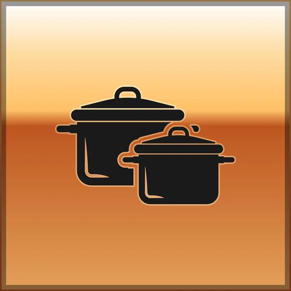 Icono de olla de cocina negra aislado sobre fondo dorado. Hervir o guisar el símbolo de la comida. Ilustración vectorial — Vector de stock