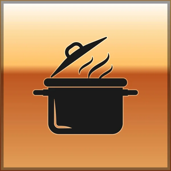 Černý varný hrnec izolovaný na zlatém pozadí. Symbol jídla vařící nebo dušený. Vektorová ilustrace — Stockový vektor