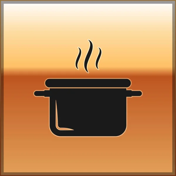 Zwarte kookpot icoon geïsoleerd op gouden achtergrond. Kook of stoofpot voedsel symbool. Vector illustratie — Stockvector