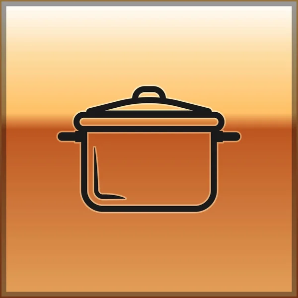 Чорна піктограма горщика для приготування їжі ізольована на золотому фоні. Відварювати або готувати їжу символ. Векторна ілюстрація — стоковий вектор