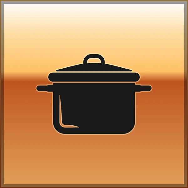 Icona pentola nera isolata su sfondo oro. Bollire o stufato cibo simbolo. Illustrazione vettoriale — Vettoriale Stock