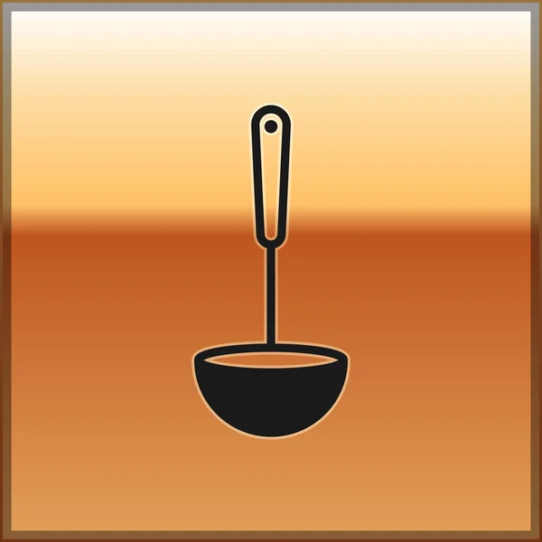 Icono de cuchara de cocina negra aislado sobre fondo dorado. Utensil de cocina. Signo de cuchara de cubiertos. Ilustración vectorial — Vector de stock