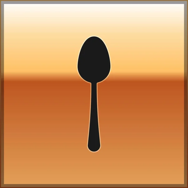 Ikona černé lžíce je izolovaná na zlatém pozadí. Kuchyňské nádobí. Nápis-příbory. Vektorová ilustrace — Stockový vektor