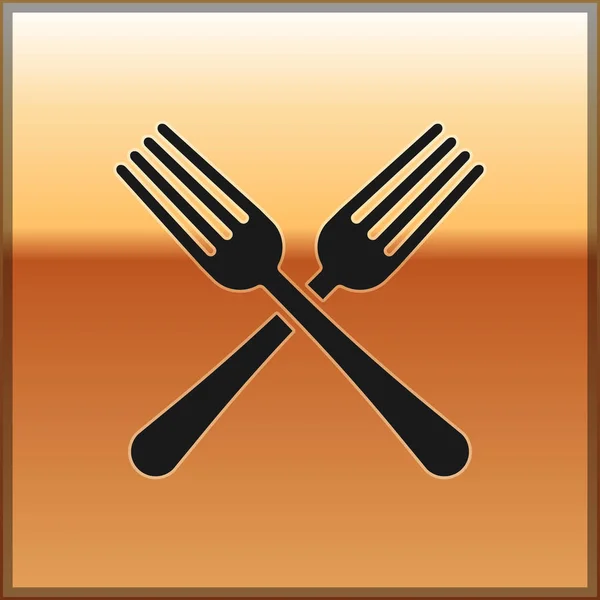 Black Crossed fork icon isolated on gold background. Cutlery symbol. Vector Illustration — Stock Vector