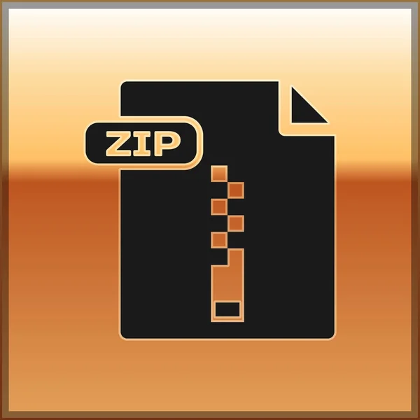 Documento de archivo ZIP negro. Descargar icono de botón zip aislado sobre fondo dorado. Símbolo del archivo ZIP. Ilustración vectorial — Vector de stock