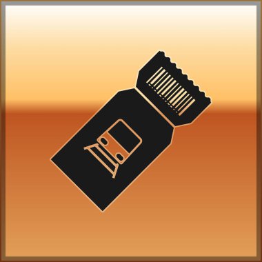 Siyah Tren bilet simgesi altın arka plan izole. Demiryolu ile seyahat. Vektör İllüstrasyonu