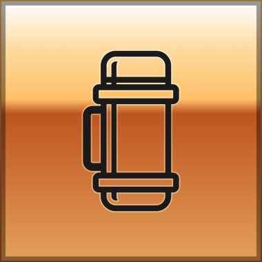 Altın arka planda siyah termos konteynır ikonu izole edildi. Termo matara ikonu. Kamp ve yürüyüş ekipmanları. Vektör İllüstrasyonu