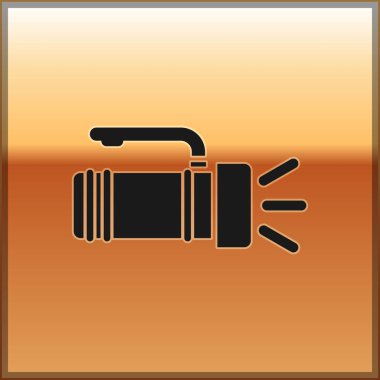 Altın arka planda yalıtılmış Siyah El Feneri simgesi. Turist el feneri sapı. Vektör İllüstrasyonu