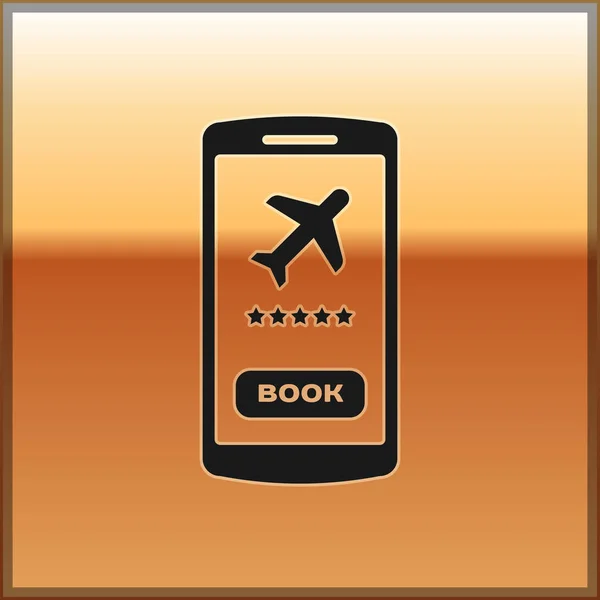 Smartphone noir avec carte d'embarquement électronique icône de billet d'avion isolé sur fond or. Billet d'avion passager mobile pour le web et l'application. Illustration vectorielle — Image vectorielle