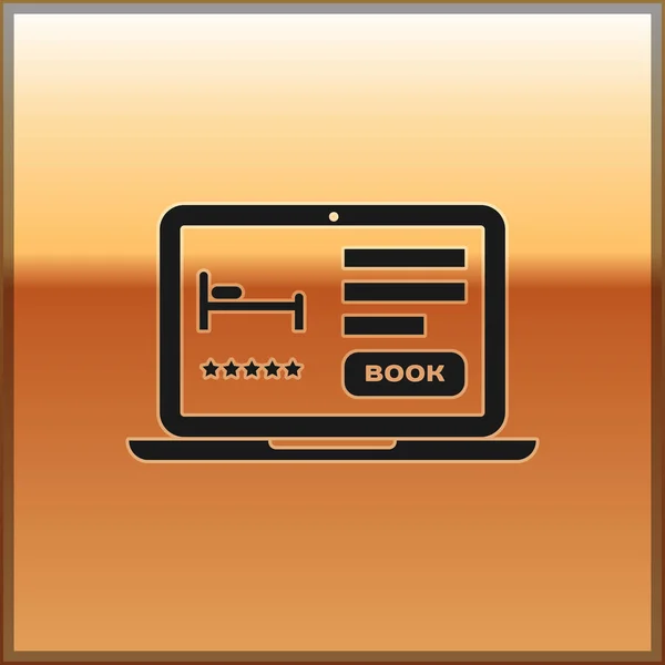 Zwart online Hotel Booking icoon geïsoleerd op gouden achtergrond. Online Booking design concept voor laptop. Vector illustratie — Stockvector
