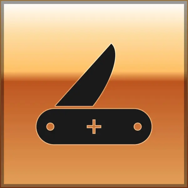 Ícone de faca do exército suíço preto isolado no fundo de ouro. Multi-ferramenta, canivete polivalente. Ferramenta multifuncional. Ilustração vetorial — Vetor de Stock