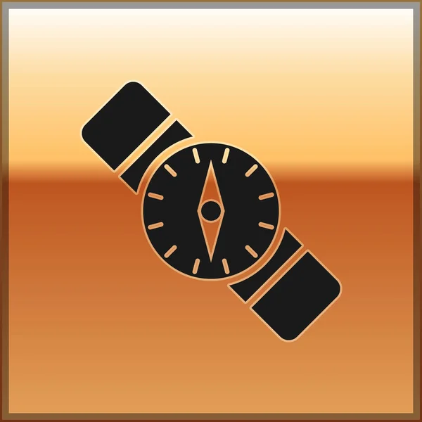 Schwarzes Kompass-Symbol isoliert auf goldenem Hintergrund. Windrose Navigationssymbol. Windrose Zeichen. Vektorillustration — Stockvektor
