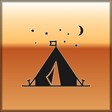 Altın arka plan üzerinde izole bayrak simgesi ile Siyah Turist çadırı. Kamp sembolü. Vektör İllüstrasyonu