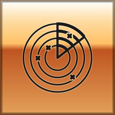 Siyah Radar altın arka plan üzerinde izole simgesi arama monitörde hedefleri ile. Askeri arama sistemi. Donanma sonar. Vektör İllüstrasyonu