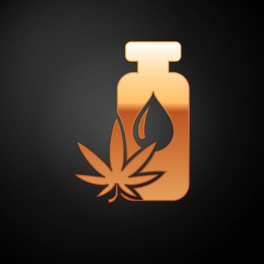 Altın Tıbbi marihuana ya da kenevir yaprağı zeytinyağı damlası ikonu siyah arka planda izole edilmiş. Esrar özütü. Kenevir sembolü. Vektör İllüstrasyonu