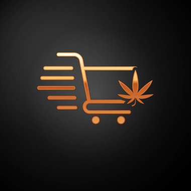 Siyah arka plan üzerinde izole esrar veya esrar yaprağı simgesi ile Altın Alışveriş sepeti. Online satın alma. Teslimat hizmeti. Süpermarket sepeti. Vektör İllüstrasyonu