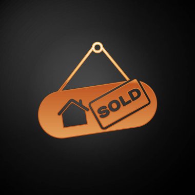 Metin Satılmış simgesi siyah arka planda yalıtılmış ile Altın Asılı işareti. Satılan etiket. Satılan tabela. Vektör İllüstrasyonu