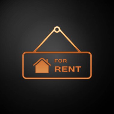 Siyah arka planda izole edilmiş Kiralık metin simgesinin yer verdiği Altın Asma işareti. Kiralık metinli tabela. Vektör İllüstrasyonu