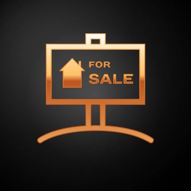 Siyah arka planda izole edilmiş satılık simgesi ile Altın Asılı işareti. Satılık metin li tabela. Vektör İllüstrasyonu