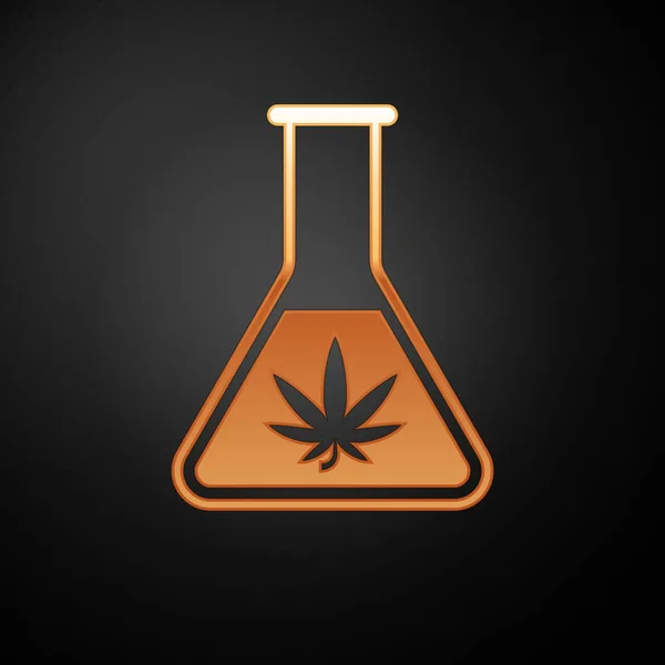 Tubo de ensayo Gold Chemical con marihuana o icono de hoja de cannabis aislado sobre fondo negro. Concepto de investigación. Concepto de aceite de CBD de laboratorio. Ilustración vectorial — Vector de stock