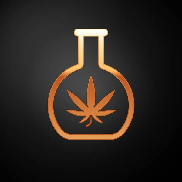 Gold Chemical test tube with marijuana or cannabis leaf icon isolated on black background. Research concept. Laboratory CBD oil concept. Vector Illustration — Stock Vector