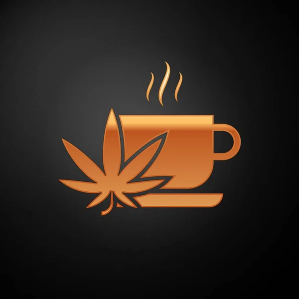 Золота чашка чаю з марихуана або каннабіс лист ікона ізольований на чорному фоні. Марихуана легалізація. Символ конопель. Векторна ілюстрація — стоковий вектор
